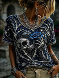 Skull And Rose Floral T-Shirt Halloween Shirts Women Gifts For A Horror Lover - Merchluma