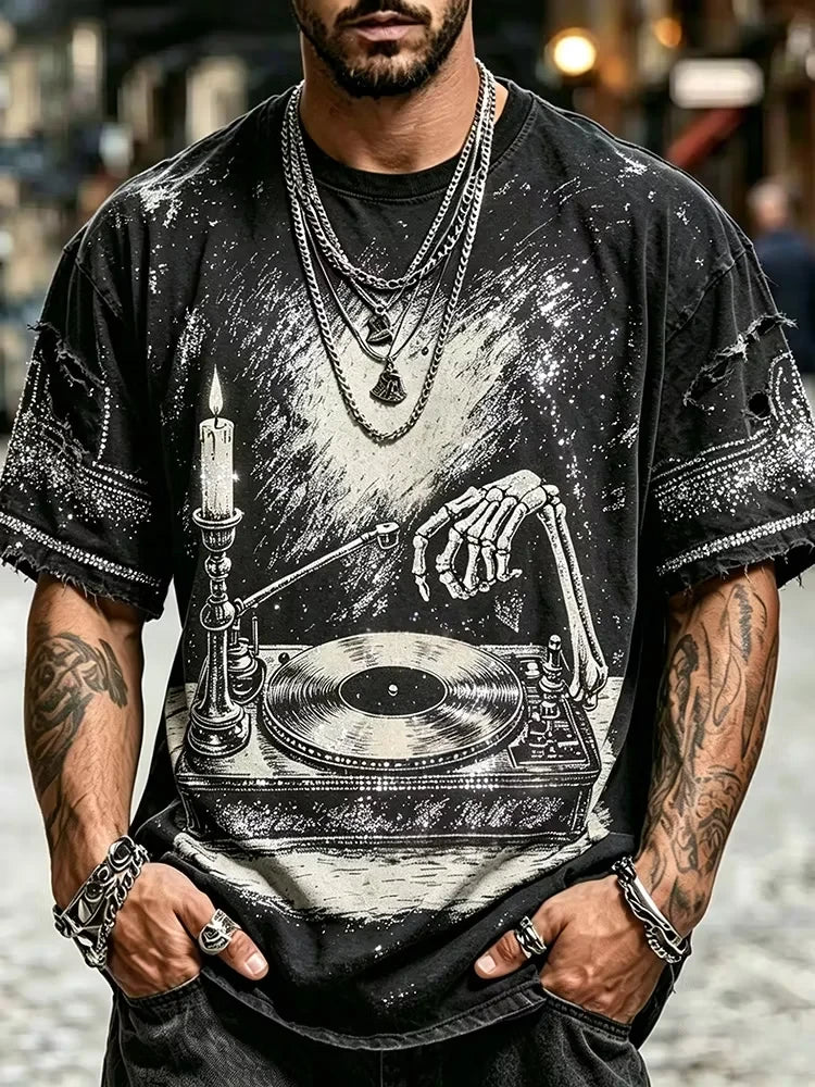 Skull Vinyl Record Pattern Gothic Music Style T-Shirt Halloween Shirts Men Horror Gear - Merchluma