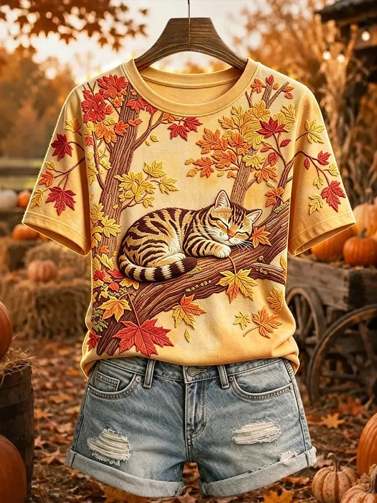 Cat Maple Leaf Shirt Ladies Halloween Clothes Cute Gifts For Cat Lovers - Merchluma