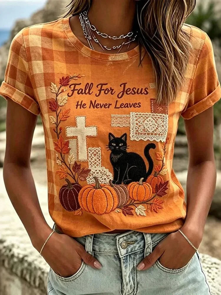 Fall For Jesus He Never Leaves Halloween Cat Shirt Cute Halloween Apparel Gifts For Her - Merchluma
