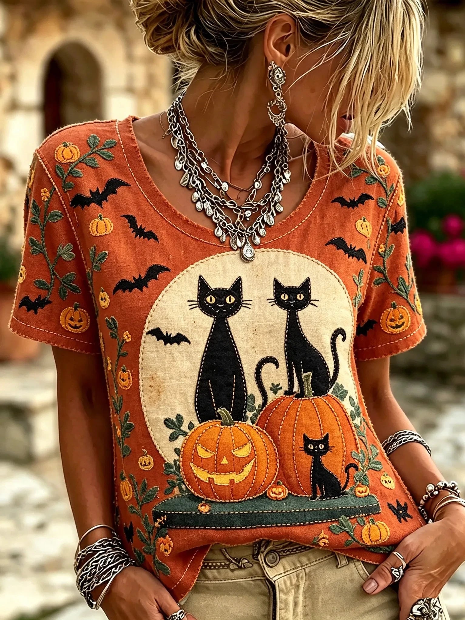 Halloween Cat Pumpkin And Bat Art T-Shirt Cute Halloween Shirts Best Gifts For Her - Merchluma
