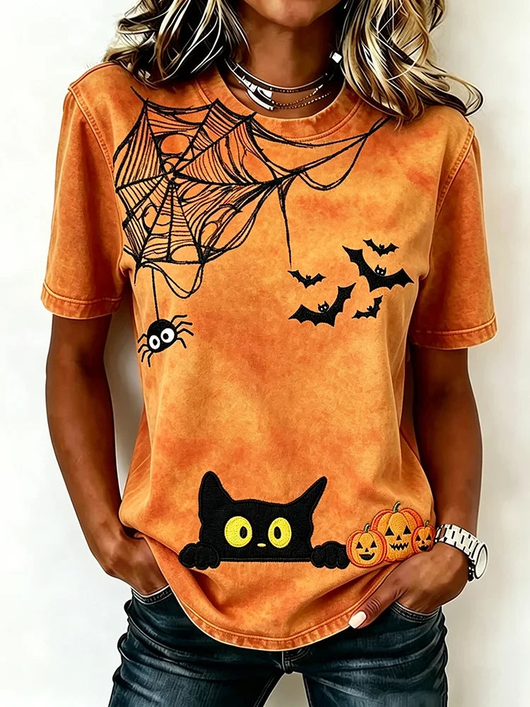 Halloween Spider And Black Cat Art Shirt Halloween T-Shirts Womens Gifts For Wife - Merchluma
