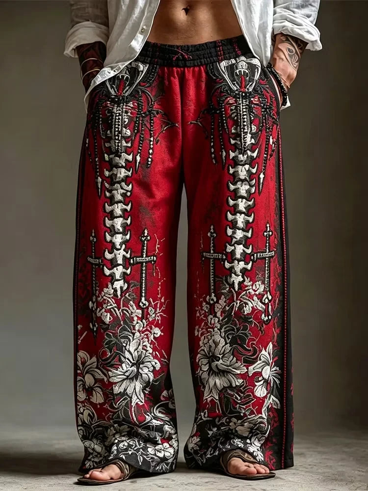 Halloween Bohemian Gothic Spine Skeleton Cross Floral Art Pants Halloween Themed Clothes - Merchluma