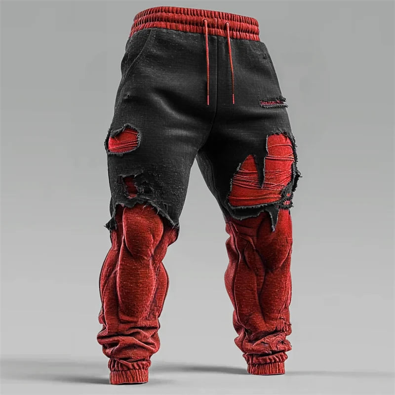 Halloween Season Muscle Line Contrast Distressed Sweatpants Black Red Cool Halloween Clothes - Merchluma
