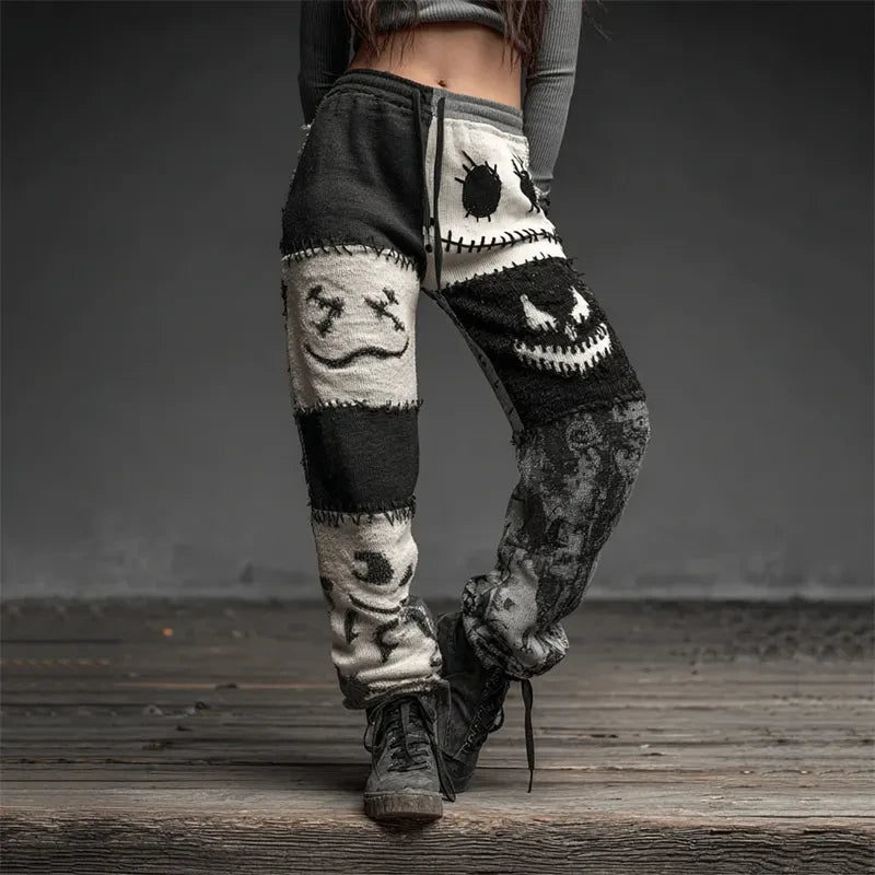 Halloween Spooky Faces Contrast Patchwork Art Sweatpants Halloween Apparel Women's - Merchluma