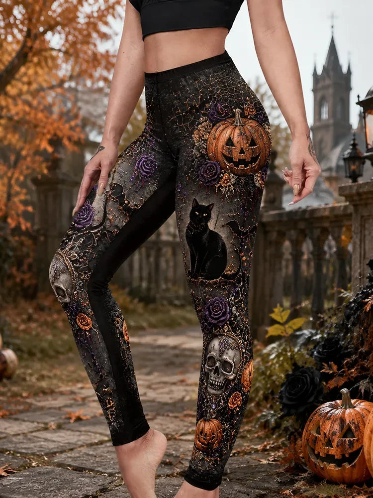 Halloween Gothic Pumpkin Black Cat And Skull Leggings Halloween Gifts For Teens - Merchluma