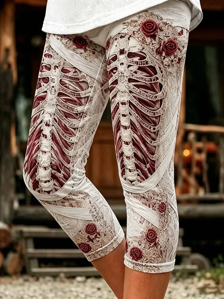 Halloween Rose Skull Art Skinny Capri Pant Halloween Themed Clothes Gifts For Women - Merchluma