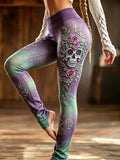 Skull And Floral Pattern Art Leggings Women Halloween Clothes Gifts For Friends - Merchluma