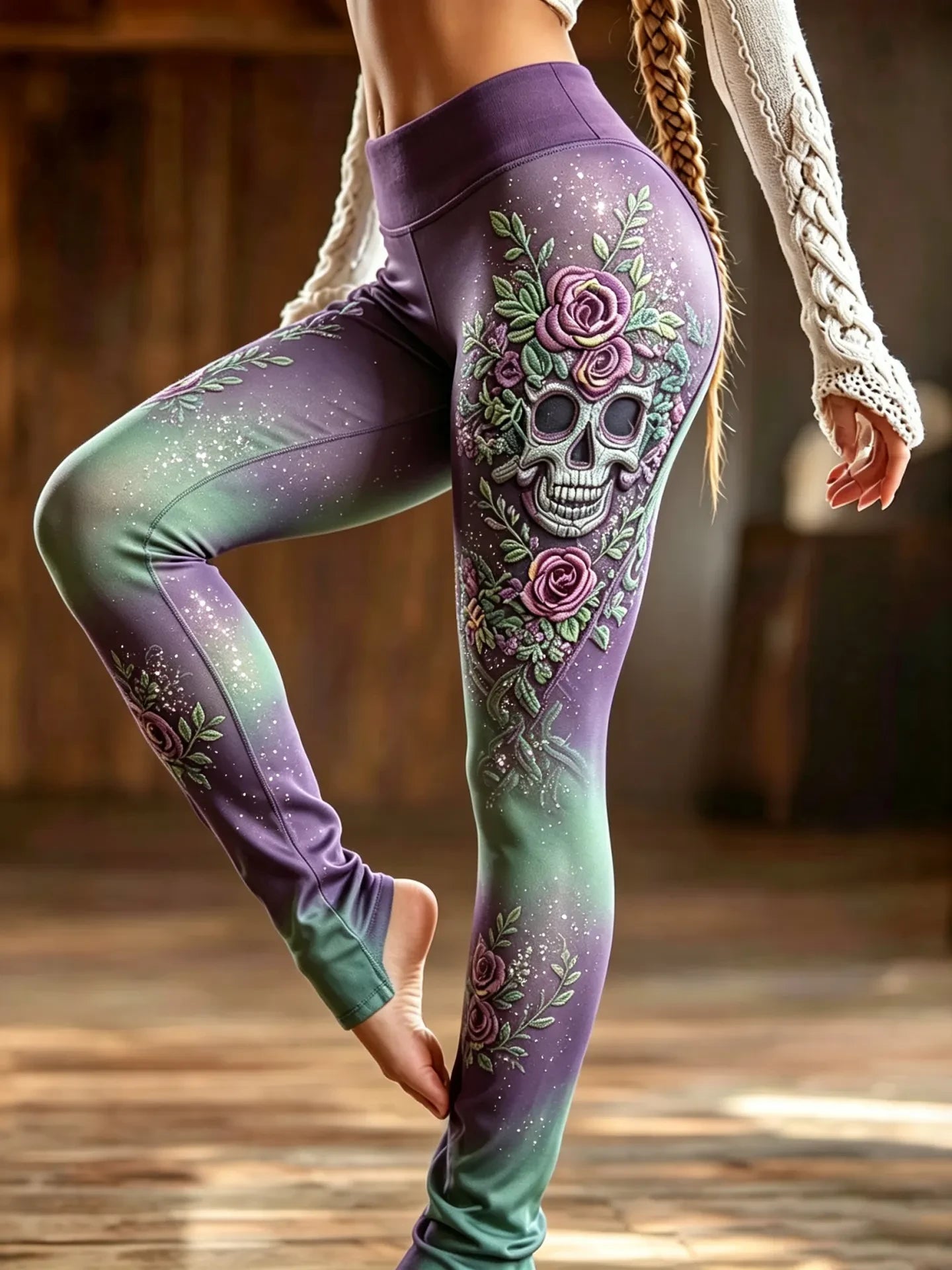 Skull And Floral Pattern Art Leggings Women Halloween Clothes Gifts For Friends - Merchluma