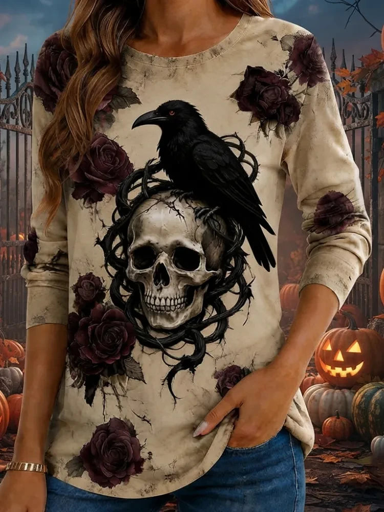 Halloween Skull Crow And Rose Long Sleeve Shirt Horror Apparel Halloween Ideas For Gifts - Merchluma