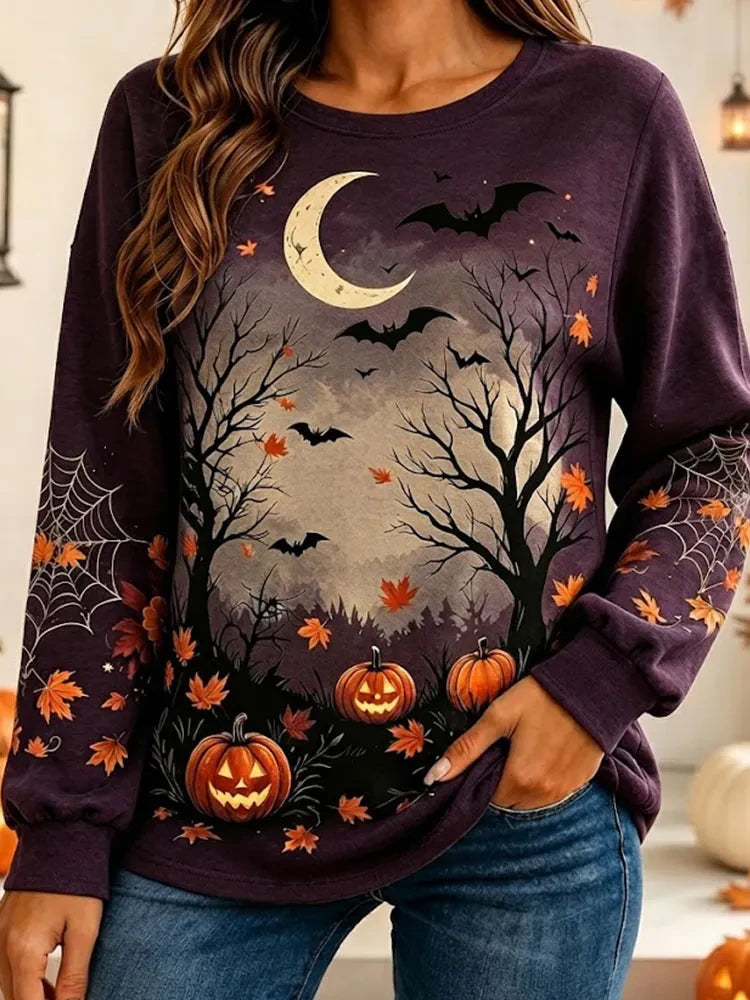 Halloween Spooky Forest And Pumpkin Graphic Long Sleeve Shirt Halloween Gift Ideas For Adults - Merchluma