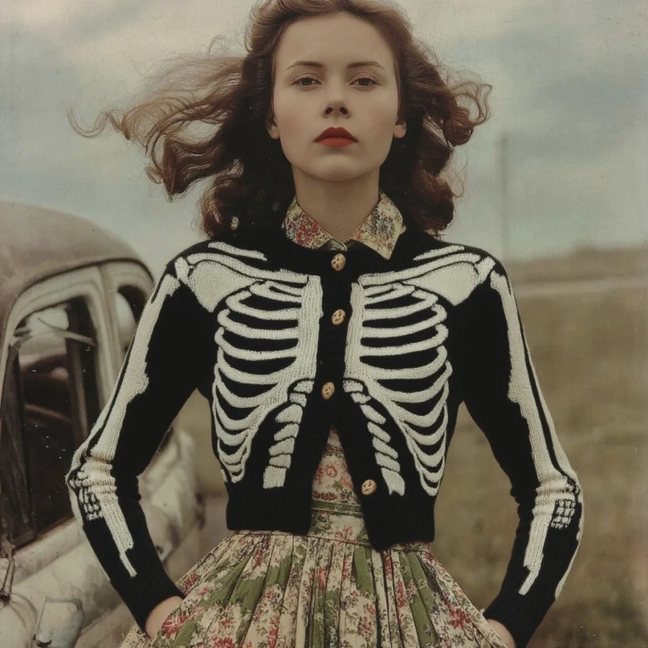 Vintage Skull Ribs Pattern Black Cardigan Ladies Halloween Clothes Gift Ideas For Wife - Merchluma