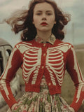 Vintage Skull Ribs Pattern Red Cardigan Halloween Apparel Women's Gift Ideas For Sister - Merchluma