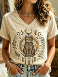 Cat Crescent Moon And Celestial Mandala V-Neck T-Shirt Halloween Themed Apparel Sister Gifts - Merchluma