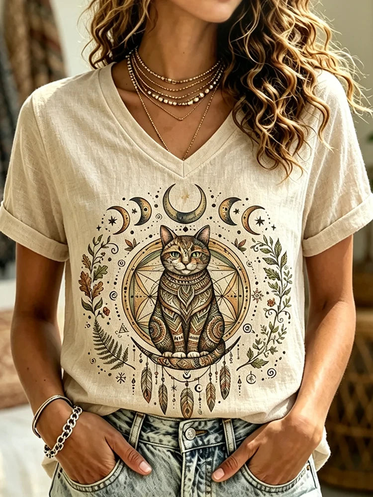 Cat Crescent Moon And Celestial Mandala V-Neck T-Shirt Halloween Themed Apparel Sister Gifts - Merchluma