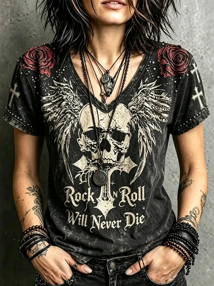 Dark Rose Skull Wings Spiderweb V-Neck T-Shirt Ladies Halloween Clothes Gifts For Sister - Merchluma