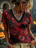 Halloween Red Spider Bat Floral Art V-Neck Shirt Cute Halloween Apparel Mother Gifts - Merchluma