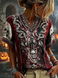 Halloween Skeleton Snake Cross Floral Art V-Neck T-Shirt Horror Apparel Halloween Presents - Merchluma