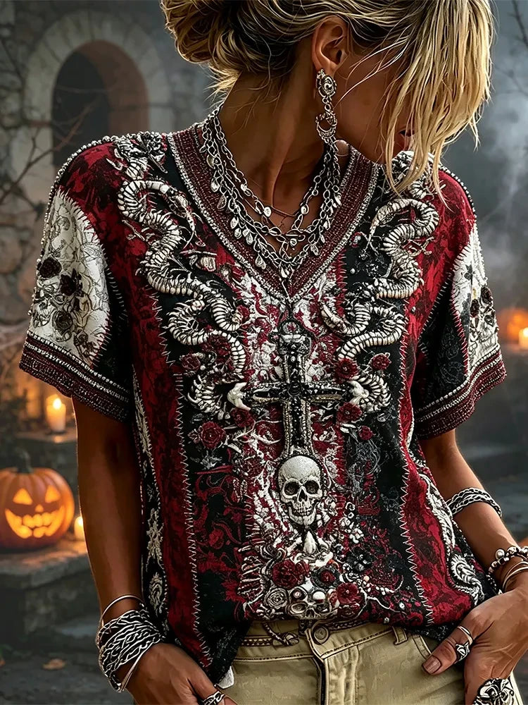 Halloween Skeleton Snake Cross Floral Art V-Neck T-Shirt Horror Apparel Halloween Presents - Merchluma