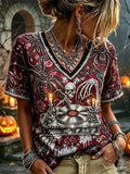 Halloween Spider Skull Vinyl Record V-Neck Shirt Ladies Halloween Clothes Gifts For Wife - Merchluma