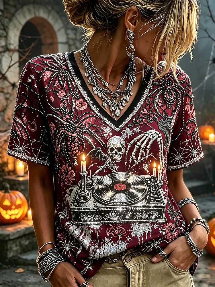 Halloween Spider Skull Vinyl Record V-Neck Shirt Ladies Halloween Clothes Gifts For Wife - Merchluma