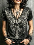 Skull Wings Spider Web Design V-Neck T-Shirt Halloween Clothes Gift Ideas For Wife - Merchluma