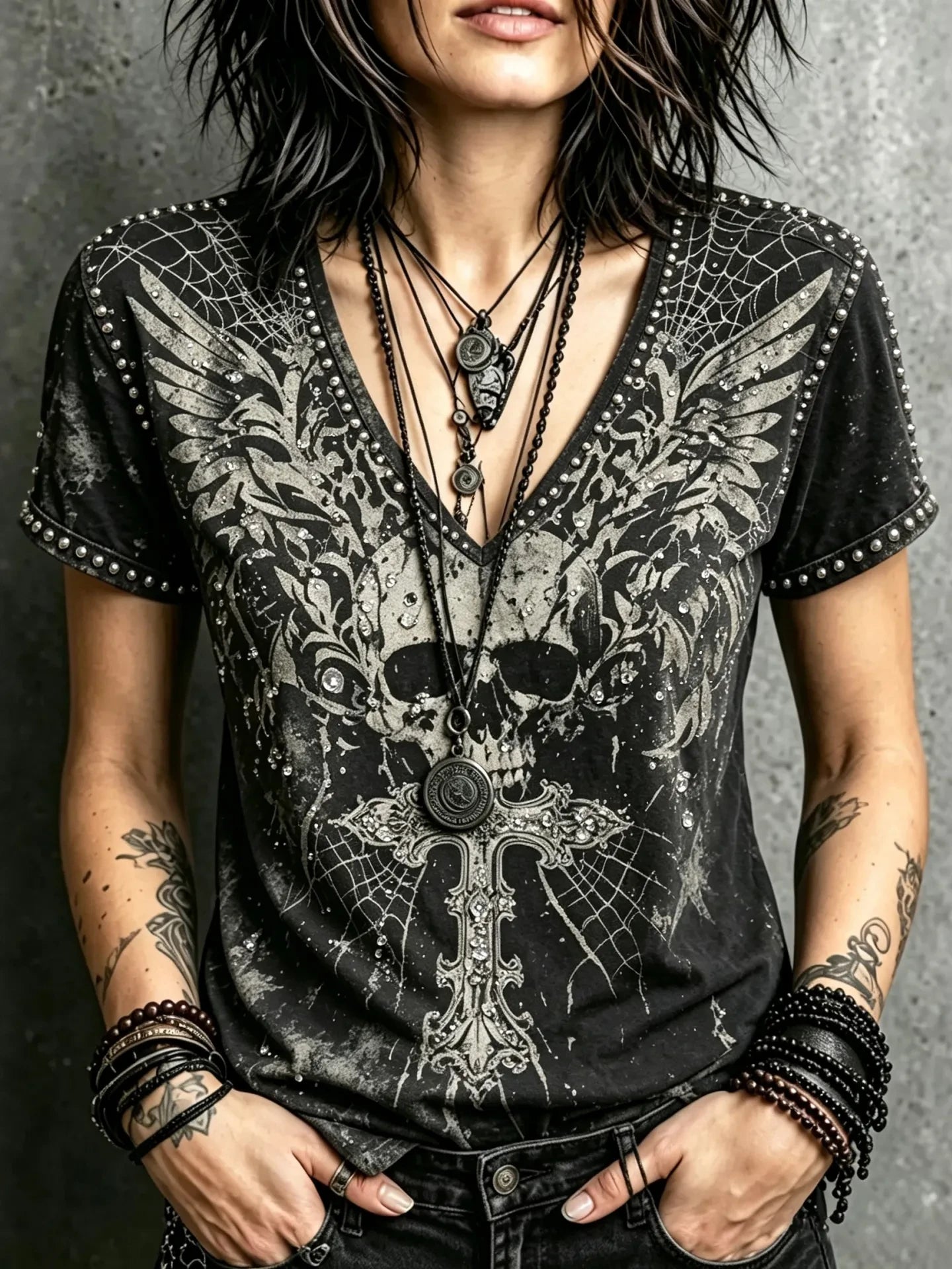 Skull Wings Spider Web Design V-Neck T-Shirt Halloween Clothes Gift Ideas For Wife - Merchluma