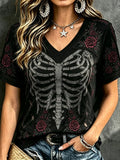 Rose And Skeleton Design V-Neck T-Shirt Halloween Apparel Gift Ideas For Her - Merchluma