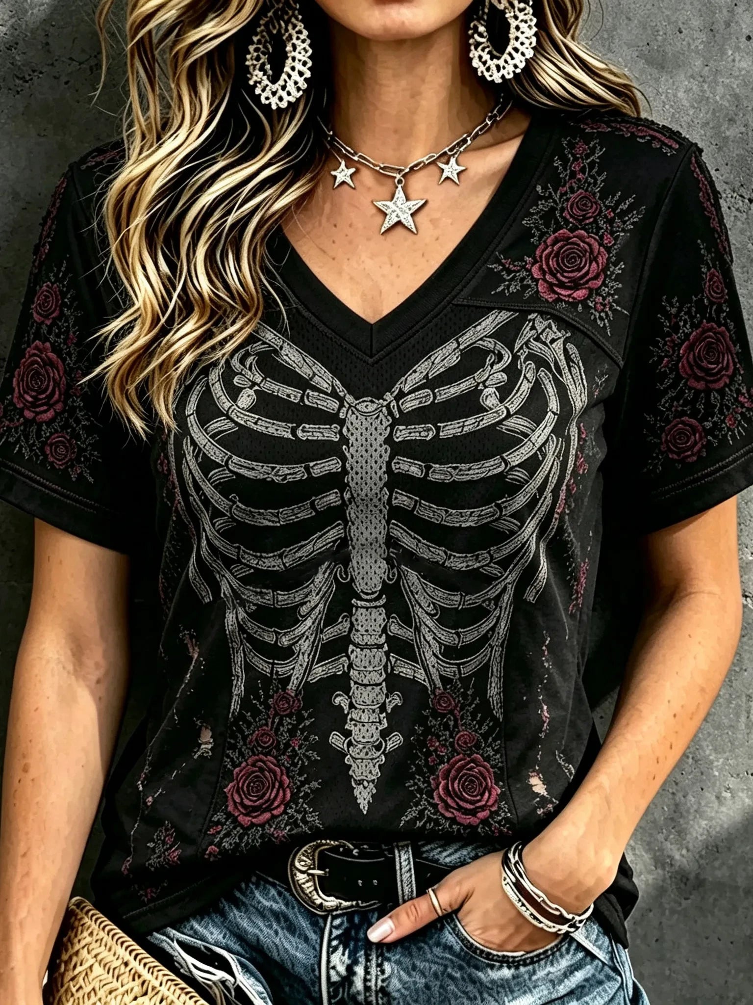 Rose And Skeleton Design V-Neck T-Shirt Halloween Apparel Gift Ideas For Her - Merchluma