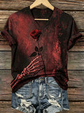 Skull And Rose Floral V-Neck T-Shirt Target Halloween Apparel Gifts For Girlfriend - Merchluma