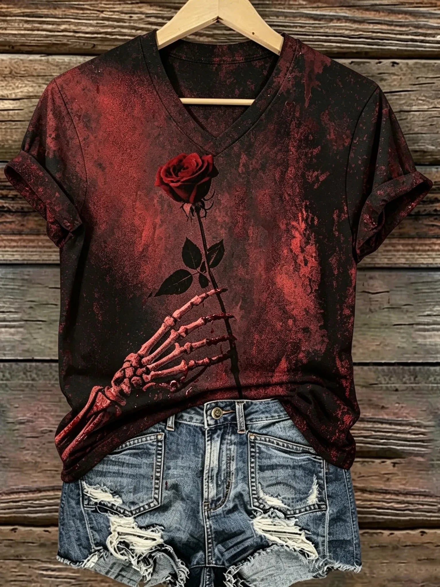 Skull And Rose Floral V-Neck T-Shirt Target Halloween Apparel Gifts For Girlfriend - Merchluma