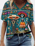 Mexican Sugar Skeleton Couple Catrina Day Of The Dead V-Neck T-Shirt Women Gifts For Mexican - Merchluma