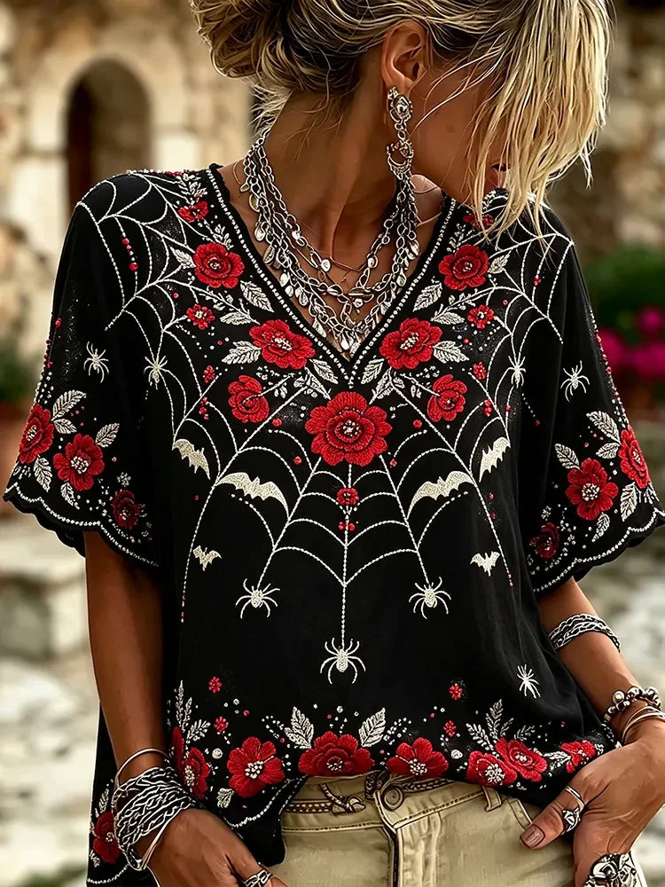 Halloween Spider Web Red Rose Art Crop Sleeve V-Neck Shirt Women Halloween Clothes Gifts For Wife - Merchluma