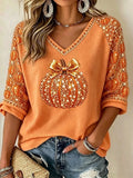 Autumn Pumpkin Long Sleeve V-Neck T-Shirt Orange Cool Halloween Clothes Gifts For Women - Merchluma