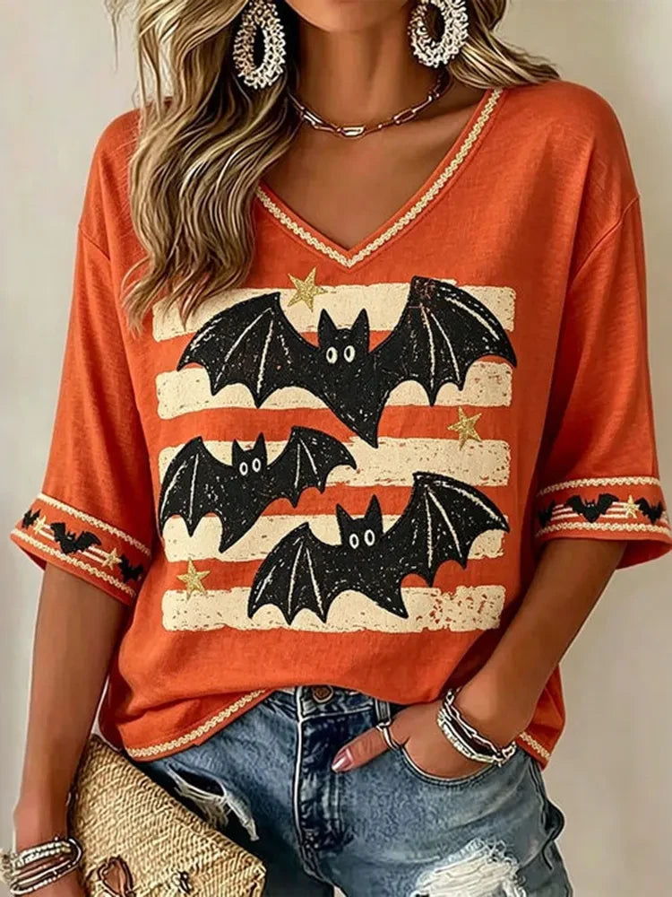 Halloween Striped Bat Crop Sleeve V-Neck T-Shirt Halloween Themed Clothes Gifts For Mom - Merchluma