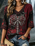 Halloween Floral Skull Pumpkin Bat Art Crop Sleeve V-Neck T-Shirt Women Halloween Gifts - Merchluma