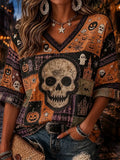 Halloween Skull Art Crop Sleeve V-Neck Shirt Halloween Apparel Women's Gifts For Mom - Merchluma