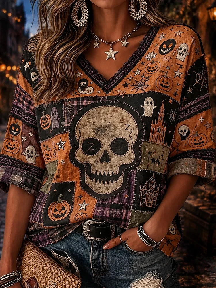 Halloween Skull Art Crop Sleeve V-Neck Shirt Halloween Apparel Women's Gifts For Mom - Merchluma