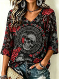 Occult Skull Red Rose Gothic Crop Sleeve V-Neck T-Shirt Halloween Inspired Clothing Her Gifts - Merchluma