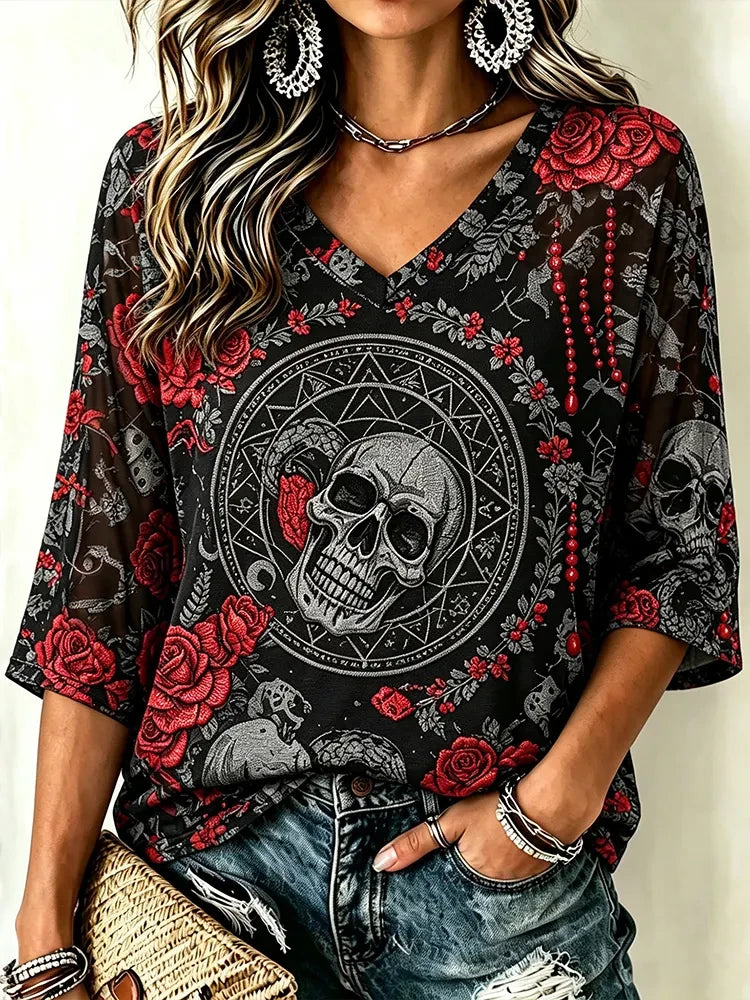 Occult Skull Red Rose Gothic Crop Sleeve V-Neck T-Shirt Halloween Inspired Clothing Her Gifts - Merchluma
