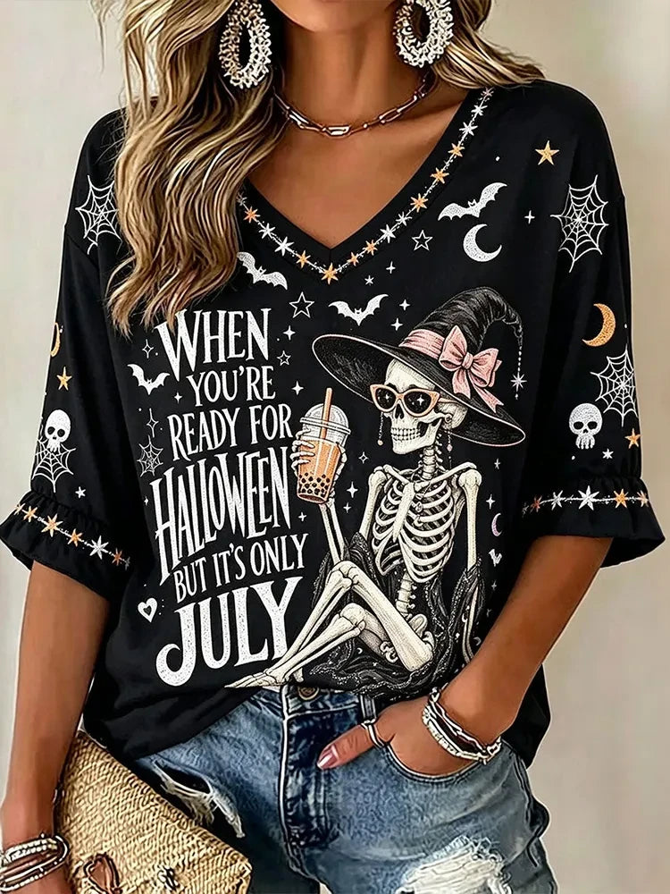 When You're Ready For Halloween But It's Only July Crop Sleeve V-Neck T-Shirt Halloween Clothes - Merchluma