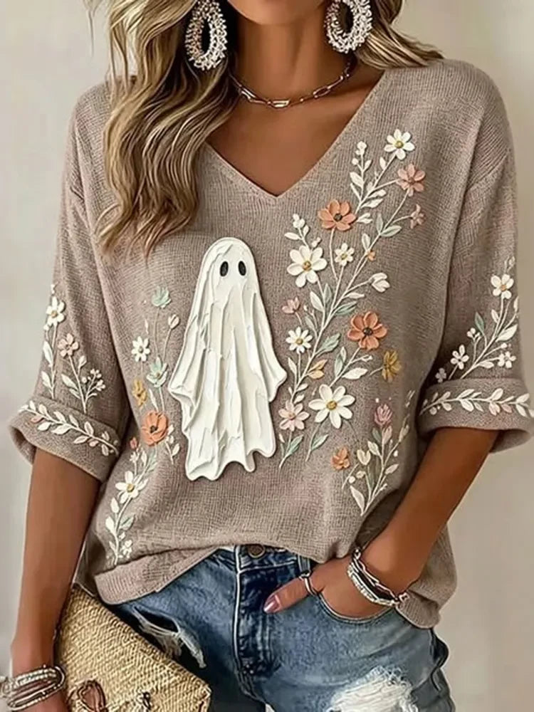 Halloween Ghost And Floral Long Sleeve V-Neck T-Shirt Best Halloween Clothes Gifts For Her - Merchluma