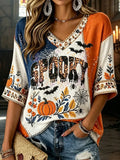 Halloween Spooky Floral Pumpkin Crop Sleeve V-Neck T-Shirt Women Halloween Clothes - Merchluma