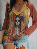 Mexican Day Of The Dead Art Long Sleeve V-Neck T-Shirt Dia De Los Muertos Shirt Women - Merchluma