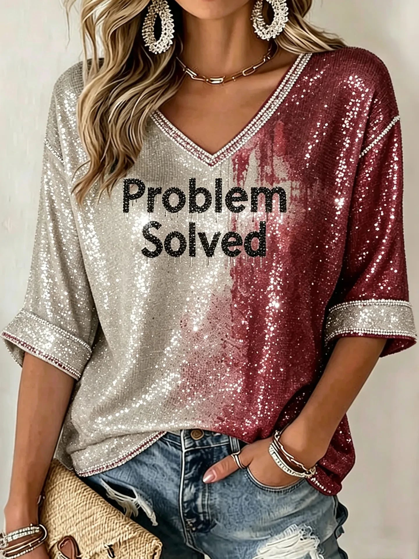 Problem Solved Halloween Themed Mid-Sleeve V-Neck T-Shirt Halloween Shirts Women Horror Gear - Merchluma