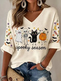 Spooky Season Ghost Pumpkin Long Sleeve V-Neck T-Shirt Womens Halloween Apparel Mom Gifts - Merchluma