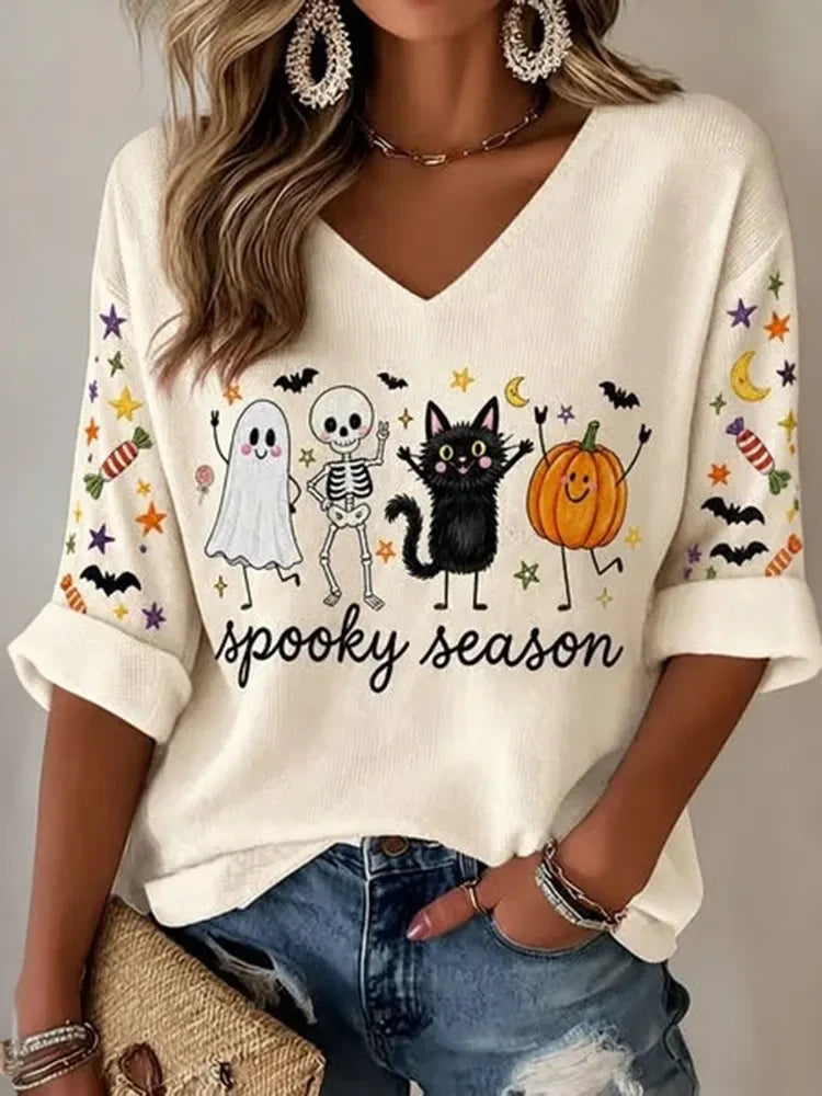 Spooky Season Ghost Pumpkin Long Sleeve V-Neck T-Shirt Womens Halloween Apparel Mom Gifts - Merchluma