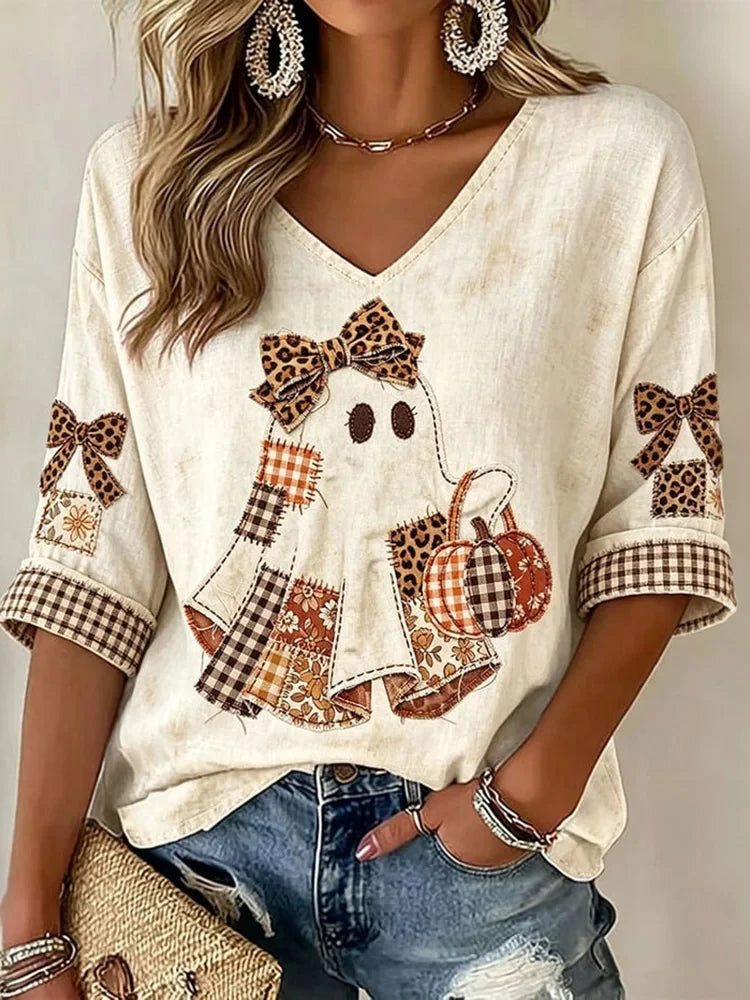 Halloween Ghost Pattern Crop Sleeve V-Neck T-Shirt Cute Halloween Apparel Wife Gifts - Merchluma