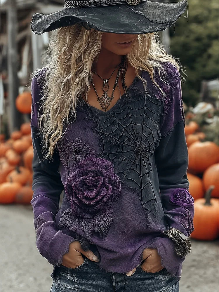 Vintage Halloween Black And Purple Rose Art Long Sleeve V-Neck T-Shirt Halloween Outfit Shop - Merchluma