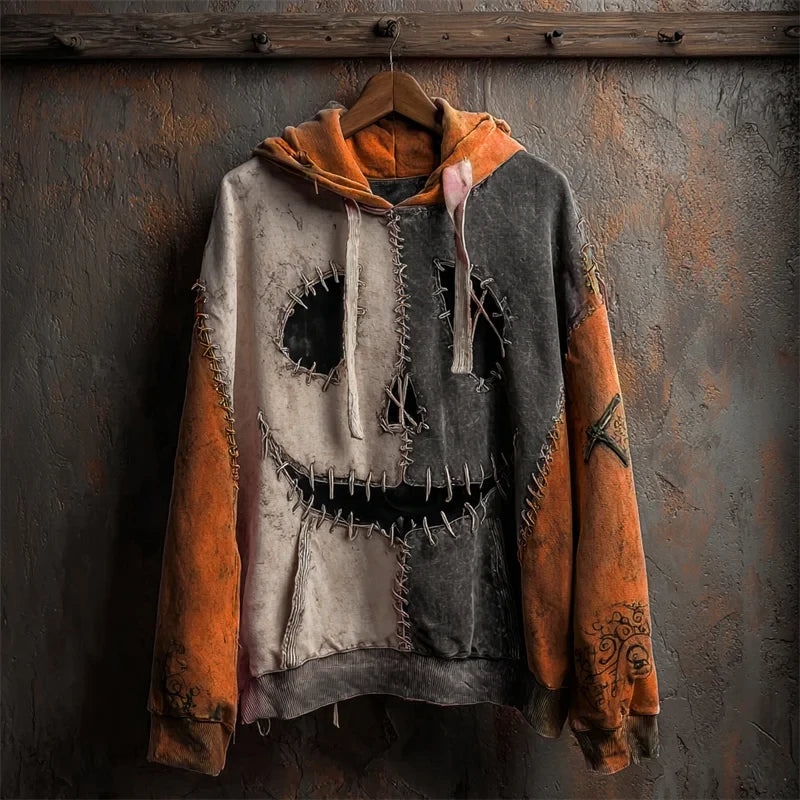 Halloween Pumpkin Face Contrast Stitched Hoodie Halloween Apparel Women's Gifts For Besties - Merchluma